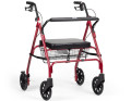 4 wheeled red rollator with basket and seat