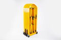 Stored expandable barrier on wheels 