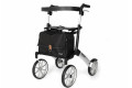 4-wheeled black outdoor rollator with seat, bag and backrest