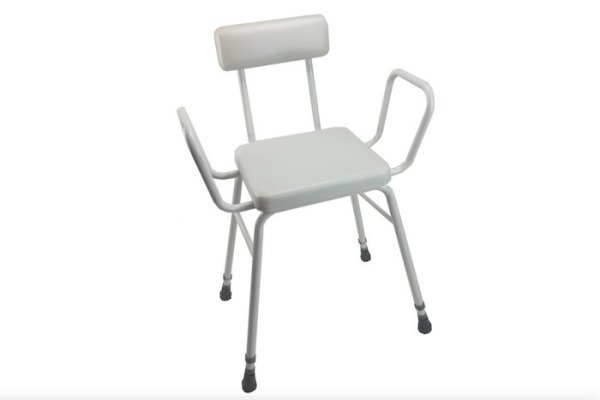 White perching stool with backrest armrests and padded seat 