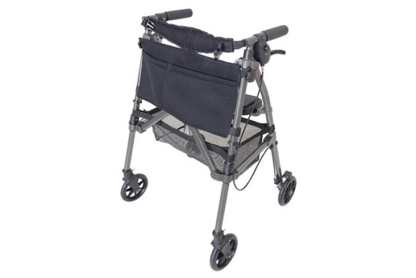 EZ Fold N Go Rollator, 4-wheeled black rollator with seat and two bags 