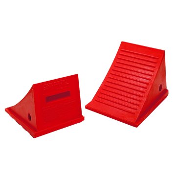 Pair of red Checkers wheel chocks 