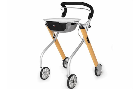 4-wheeled indoor rollator with bag and tray