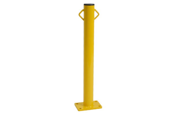 Fixed yellow bollard with chain hooks