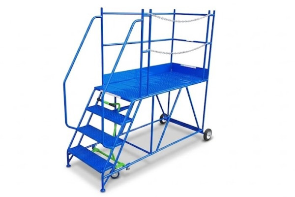 Mobile ladder with brake, security chain and dual handrails