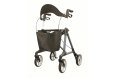 Blue rollator with bag, backrest and seat