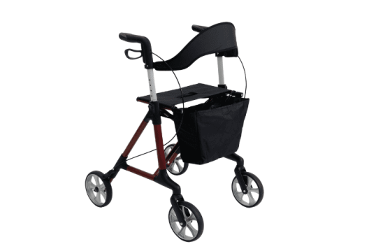 Red rollator with backrest, seat and bag