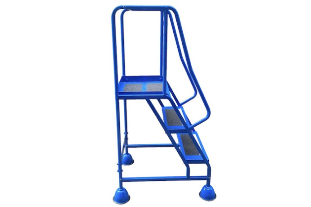Steel ladder with handrails on wheels