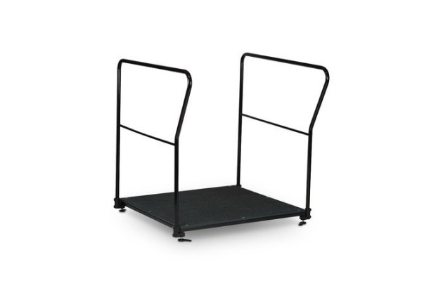 Extra large square mobility step with dual handrails and adjustable feet