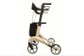 Cream four wheeled rollator with bag and backrest
