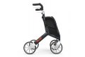 Side view of the lets shop trust care black four wheeled rollator with large shopping bag and seat