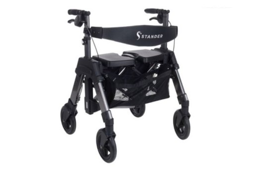 Wide black folding rollator with bag