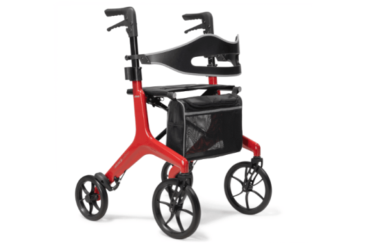 Red carbon fibre rollator with bag and seat