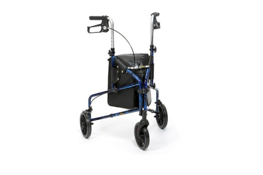 Blue rollator with bag