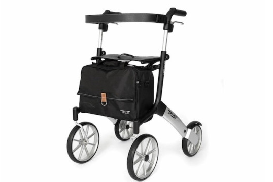 4-wheeled black outdoor rollator with seat, bag and backrest