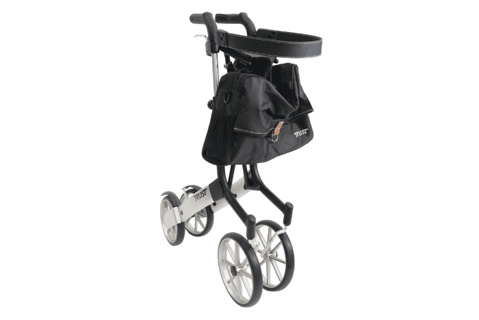 Folded Trust Care rollator with seat and bag