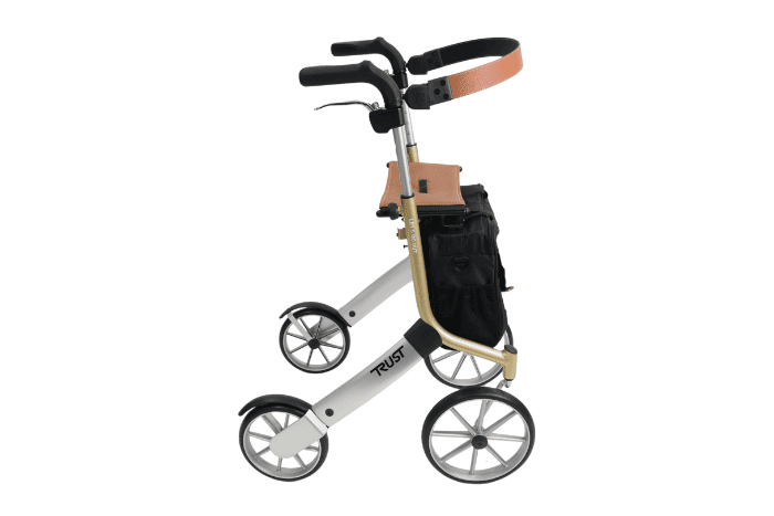 All terrain 4-wheel rollator walker with seat, bag and backrest