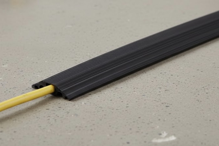 Black cable protector on floor 