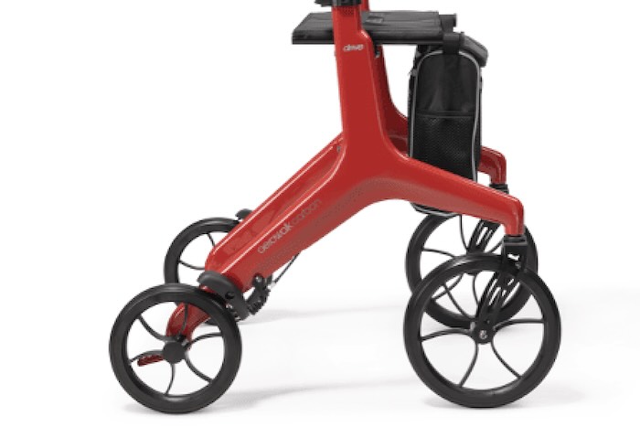 All-terrain wheels on the red AeroWalk Carbon Rollator All-terrain wheels on the red AeroWalk Carbon Rollator