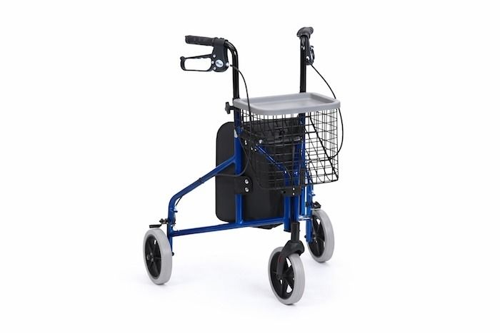 Blue tri-walker with basket, bag and tray Blue tri-walker with basket, bag and tray