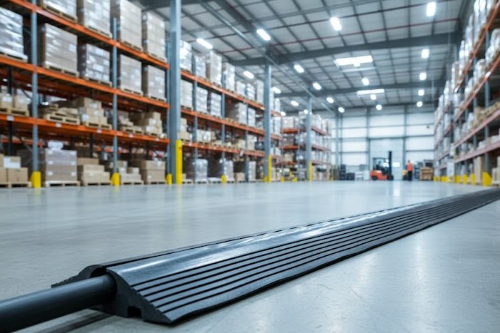 Black cable protector in a warehouse 