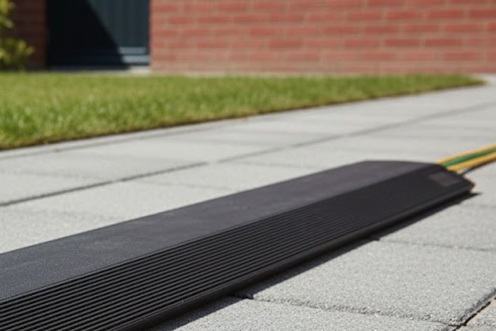 Black cable cover on pavement Black cable cover on pavement