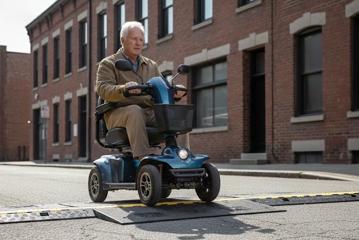Mobility scooter going over cable protector 