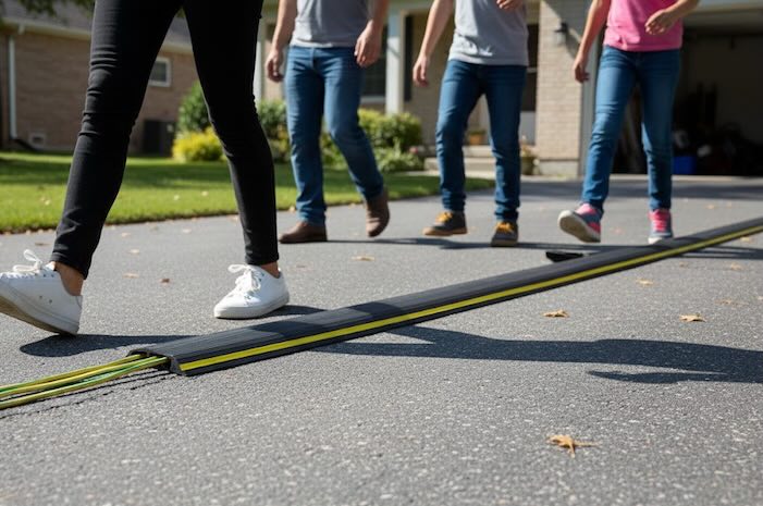 People walking alongside 2 channel cable protector outdoors People walking alongside 2 channel cable protector outdoors