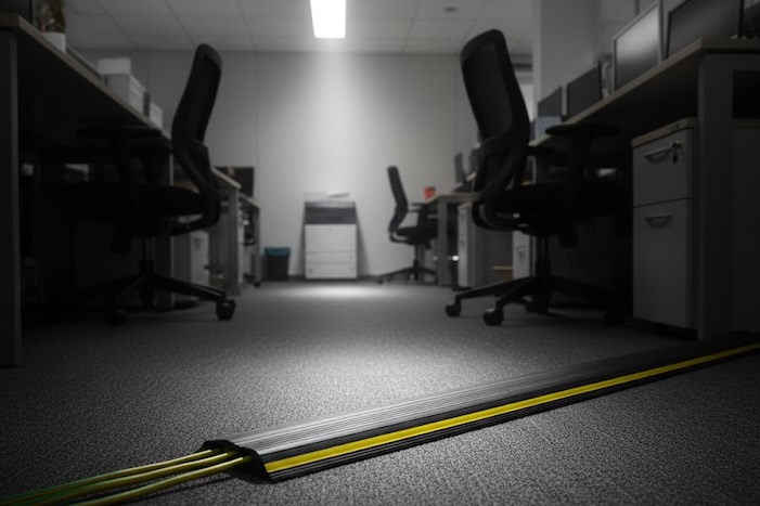 Black and yellow floor cable protector in office Black and yellow floor cable protector in office infront of desk