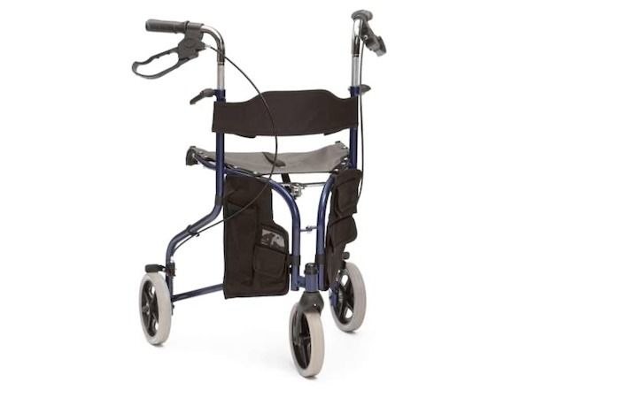 Blue tri-walker with seat and backrest 