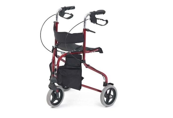 Red 3-wheel rollator with seat and bag 