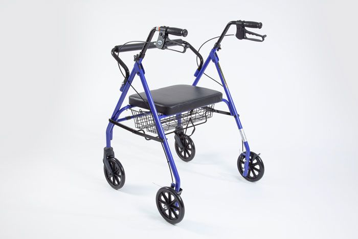 Blue heavy duty rollator with seat and basket