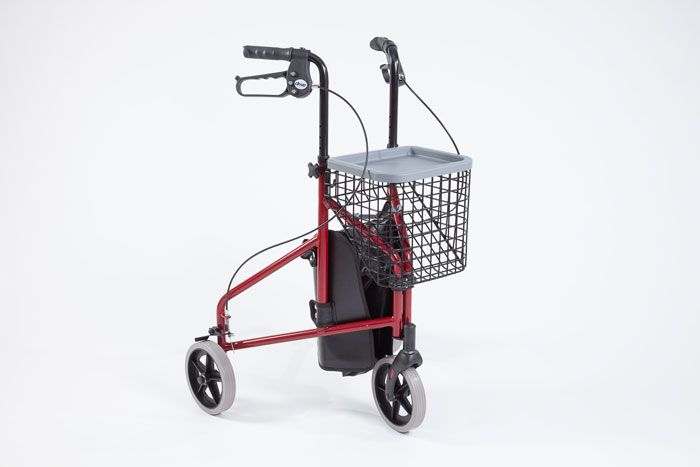 Red Tri-walker with basket, bag and tray Red Tri-walker with basket, bag and tray